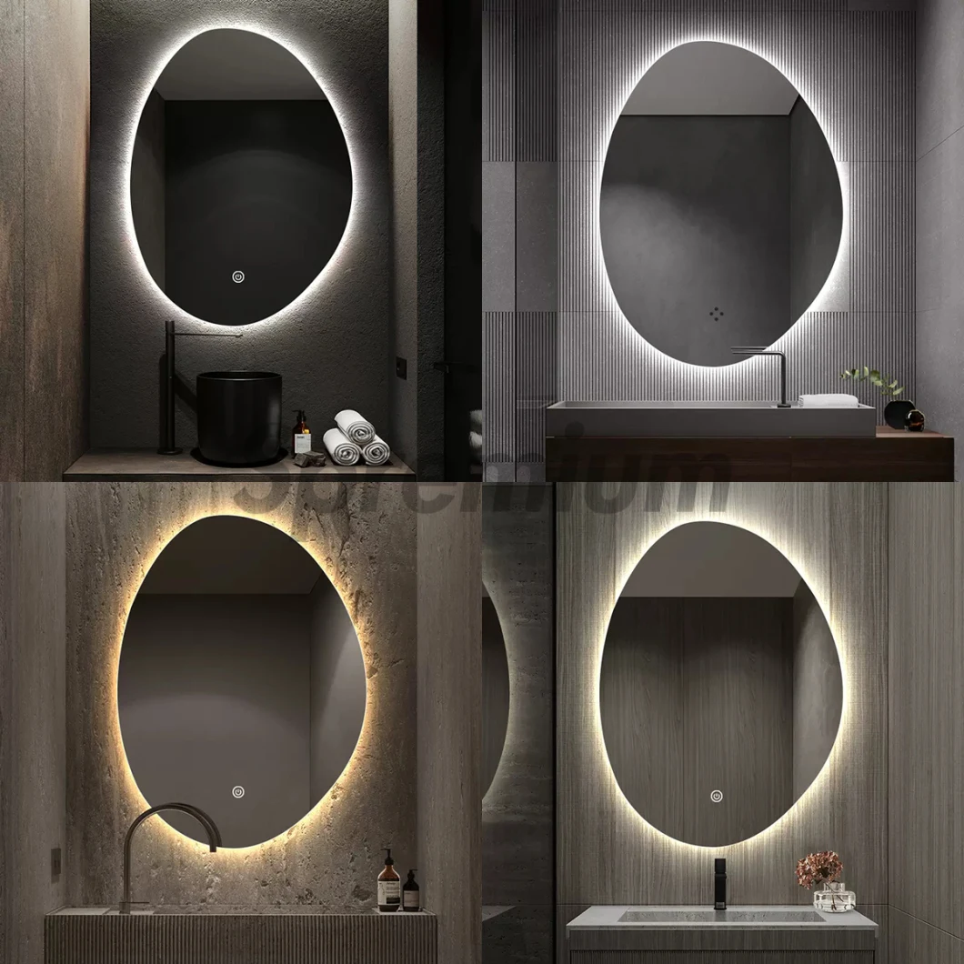 Wholesale Home Decorative Irregular Smart Glass Vanity Furniture LED Bathroom Vanity Wall Luminous Mirror Espejos