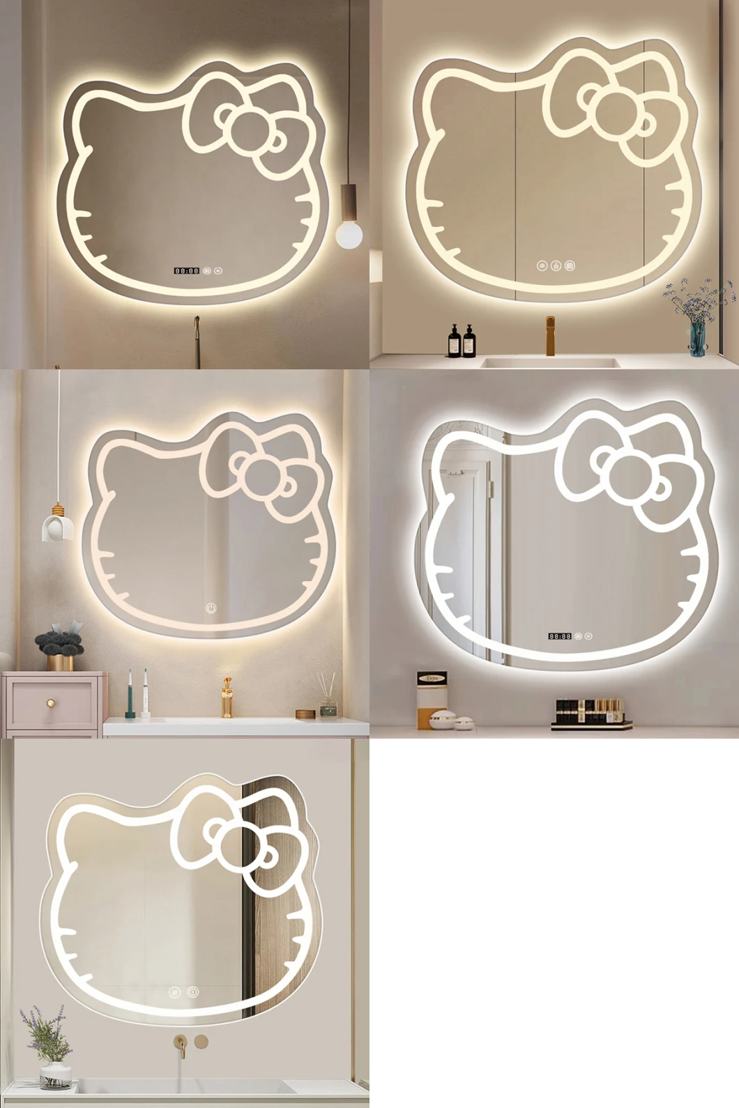 Hello Kitty Wall Mirror Smart Touch Screen Sensitive Makeup Vanity Mirror Color Changing Dimming Glass LED Mirror with Light
