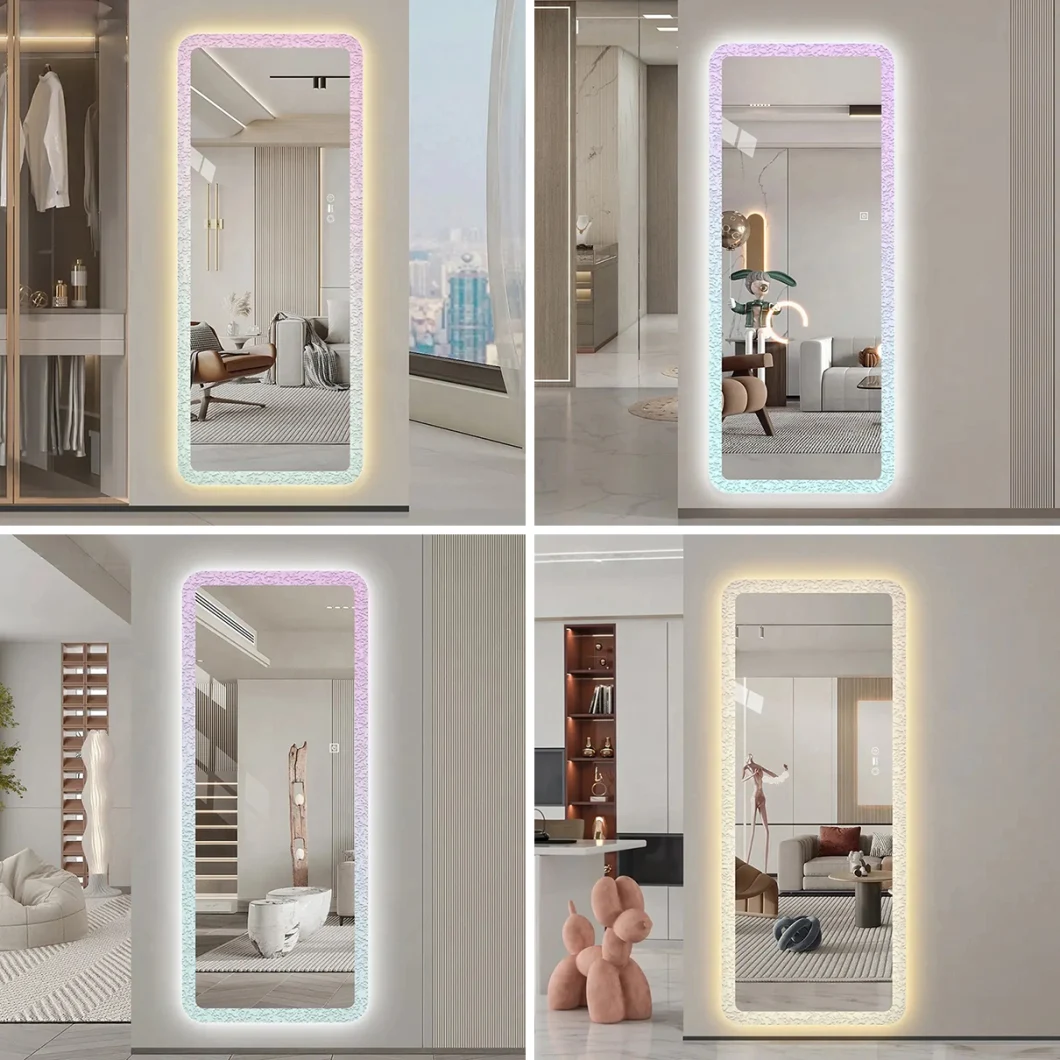 Factory Wholesale Rectangular Frameless Silver LED Wall Floor Standing Full Body Length Salon Smart Touch Mirror with Lights